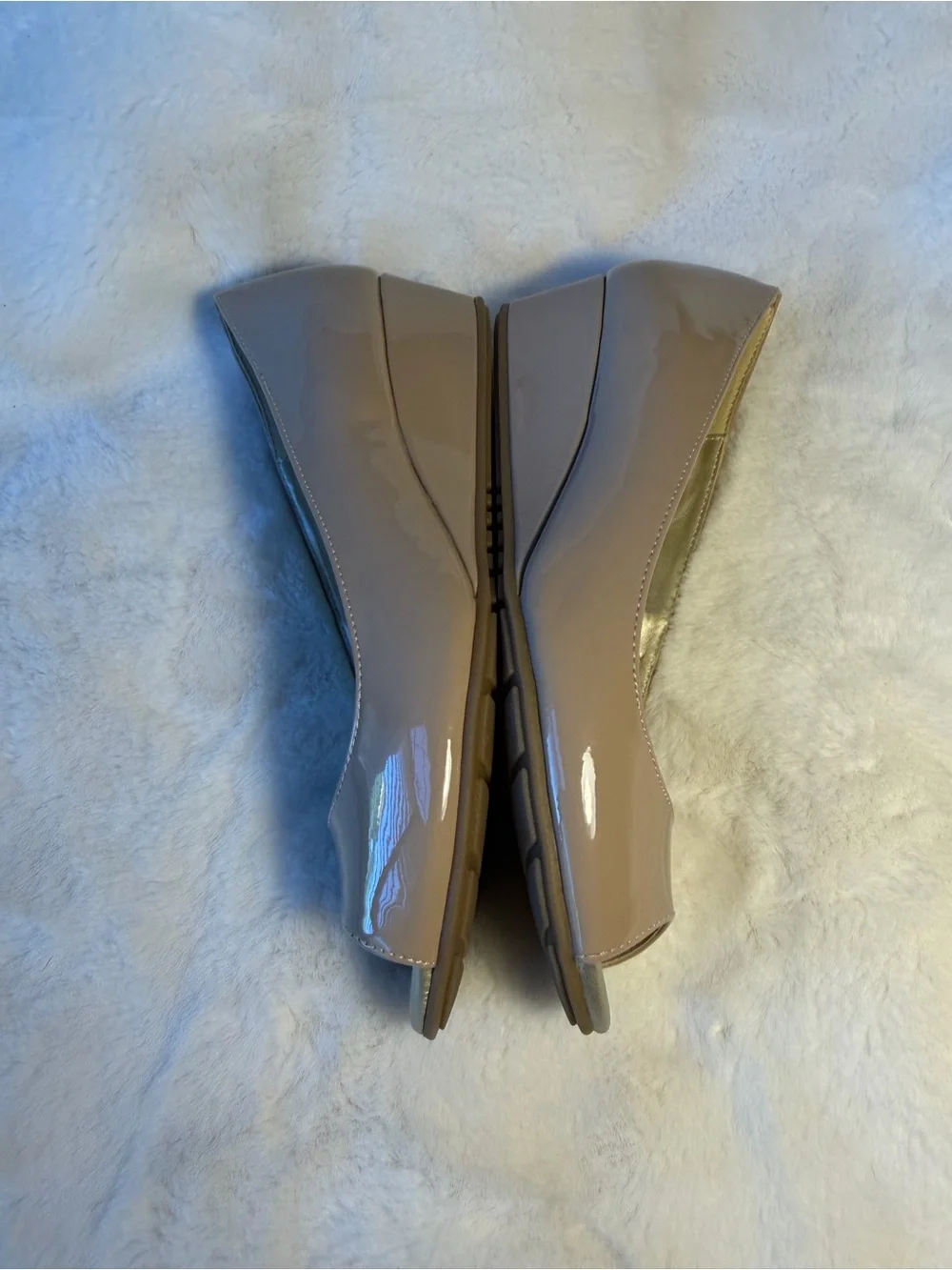 Bandolino Taupe Patent Peep-Toe Wedge Pumps - Size 7.5
